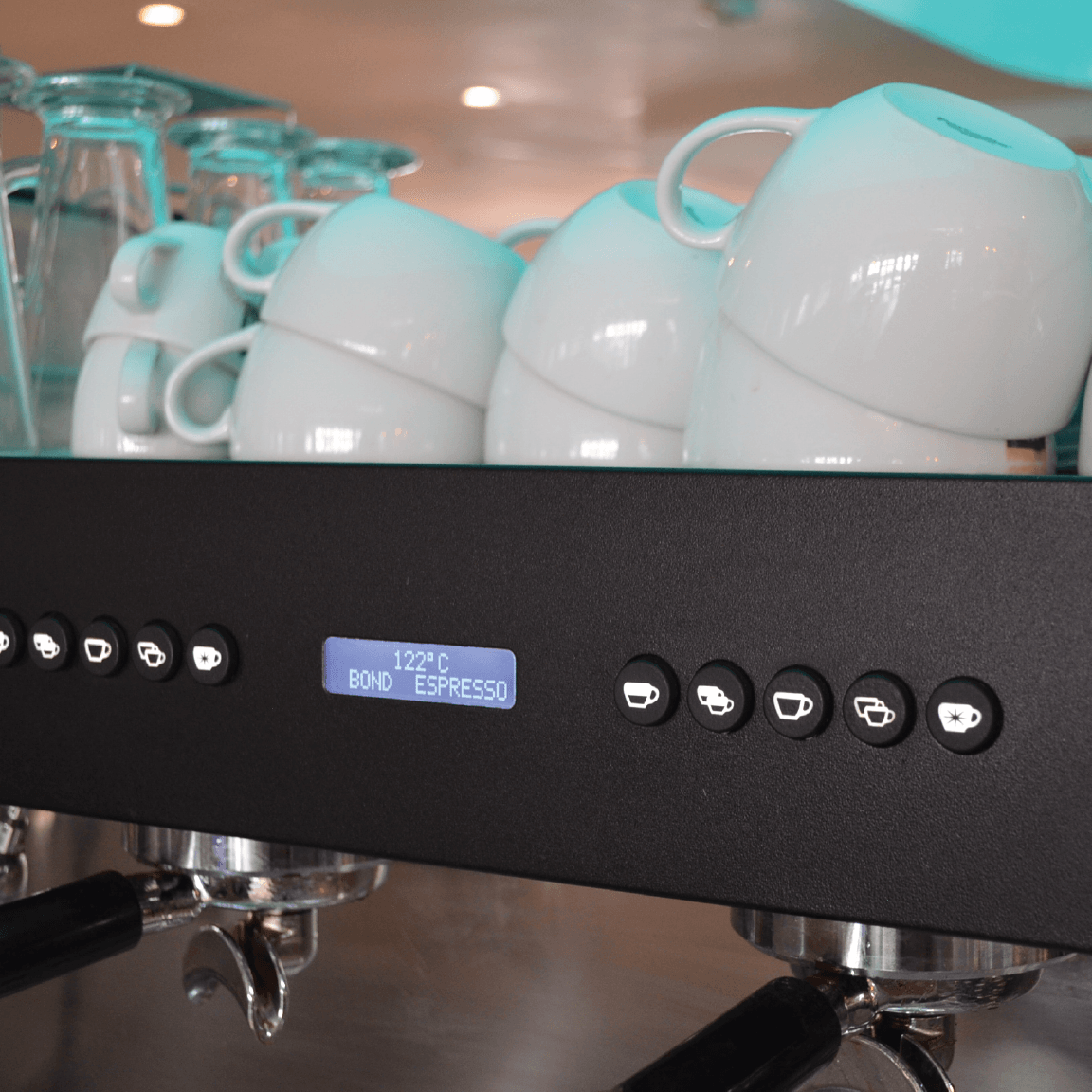 Bond Espresso 2 Group commercial espresso machine with twin steam wands, hot water outlet, and stainless steel body.