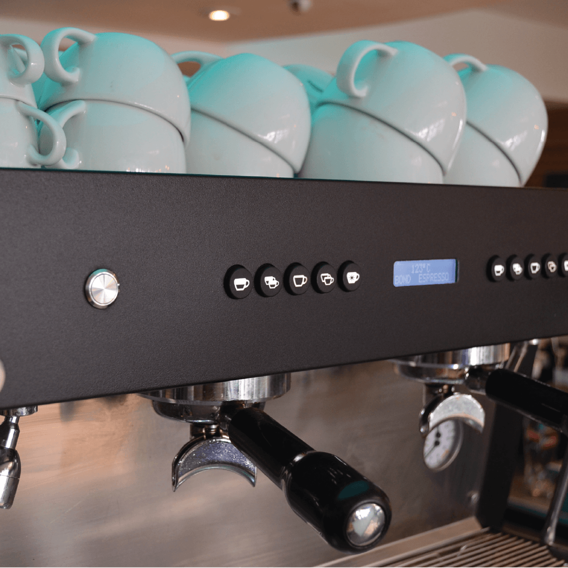Bond Espresso 2 Group commercial espresso machine with twin steam wands, hot water outlet, and stainless steel body.